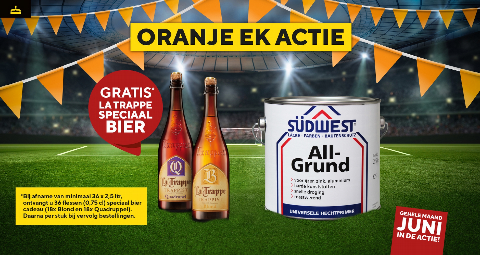 Afbeelding voor: EK Actie: gratis XL fles La Trappe speciaalbier bij 2,5 liter Südwest All-Grund